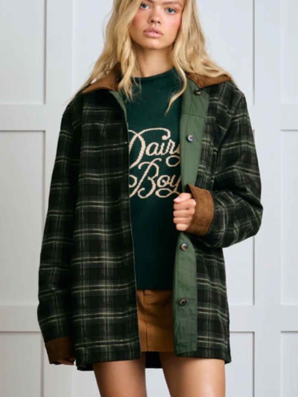 Dairy boy Dark Green Plaid Shacket with Brown Trim
